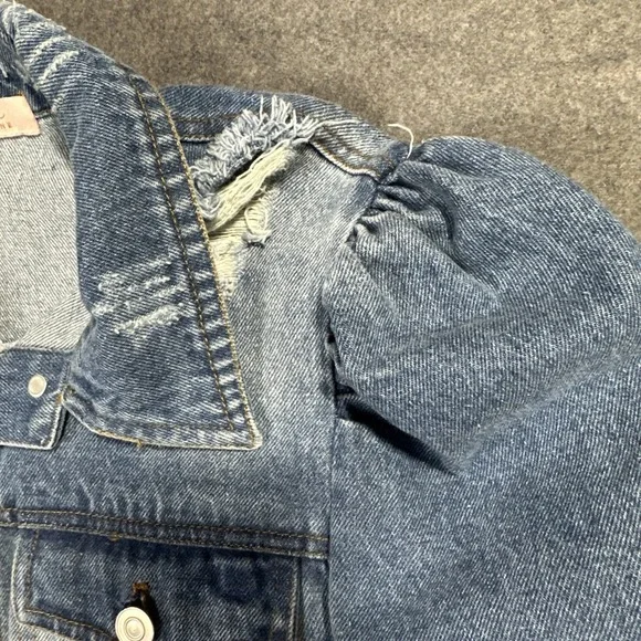 Clara Jayne Jean Jacket Women's M Cropped Ruffled Distressed Denim L/S - Picture 7 of 9
